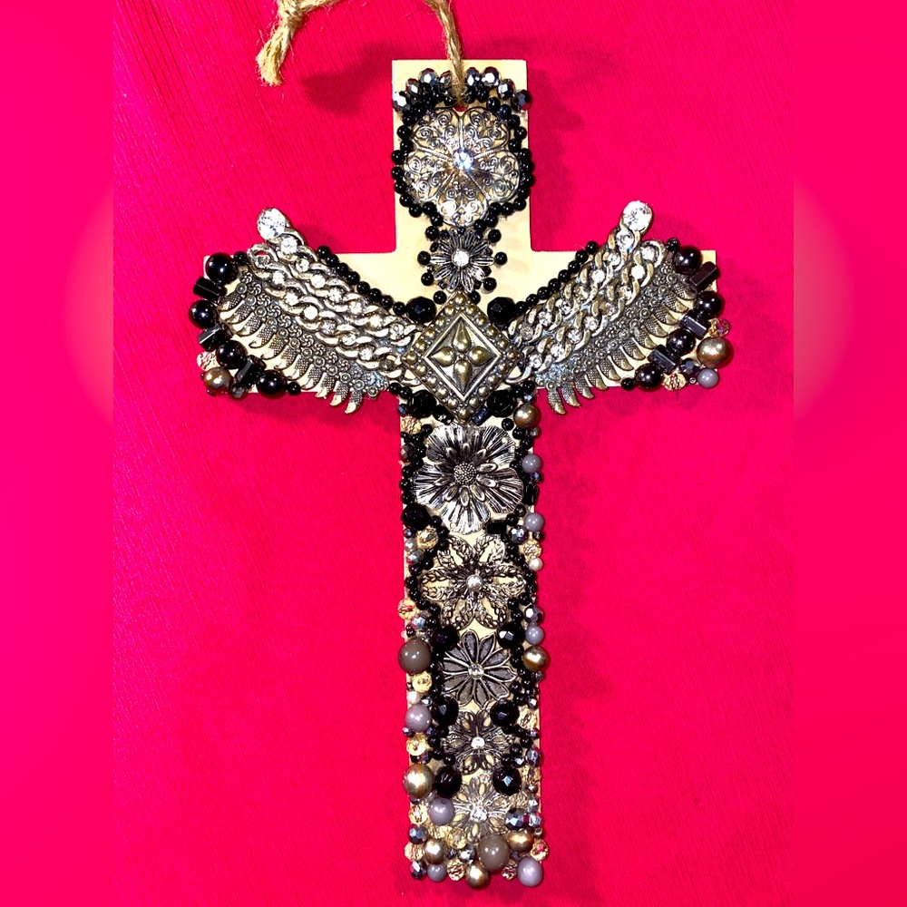 Artisanal Wood Cross w/ Repurposed Jewelry of Silver, grey, black & Rhinestones